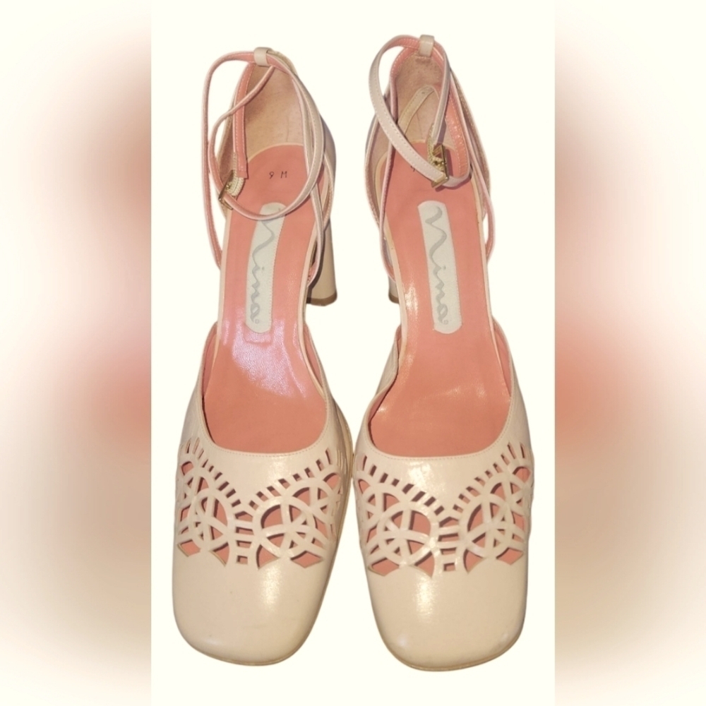 Nina Women's Vintage Pink Laser Cut Out Square Toe Leather Made In Spain Heels 9